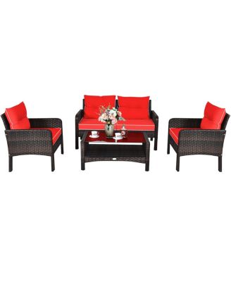 4PCS Patio Rattan Furniture Set Loveseat Sofa Coffee Table Garden W/Red Cushion