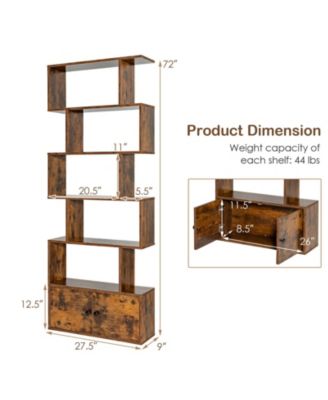 6-Tier S-Shaped Freestanding Bookshelf with Cabinet and Doors