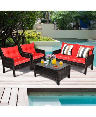 4PCS Patio Rattan Furniture Set Loveseat Sofa Coffee Table Garden W/Red Cushion