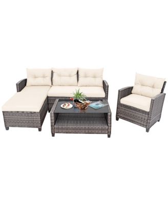 4 Piece Rattan Outdoor Conversation Sectional Sofa Set Patio Furniture Set w/ Cushions