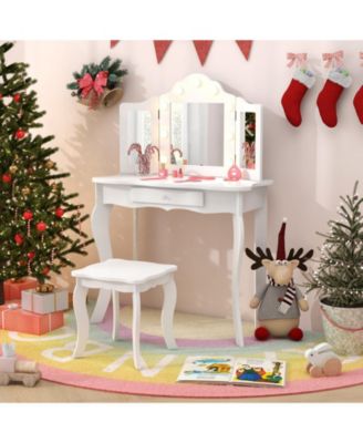 Kid Vanity Table Stool Set with Tri-Folding Mirror and 3-Color LED Lights