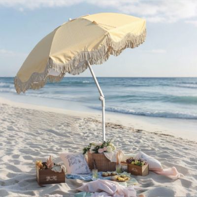 6Ft Fringe Patio Umbrella with Push Button Tilt Carry Bag UV30+ Outdoor Beach Yard Pool Party Deck Purple Stripe