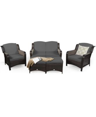 5 Piece Outdoor Patio Rattan Conversation Sofa Furniture Set w/ Cushions