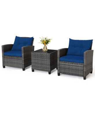 3 Piece Patio Rattan Wicker Sofa Set  w/ Cushions Glass Tabletop