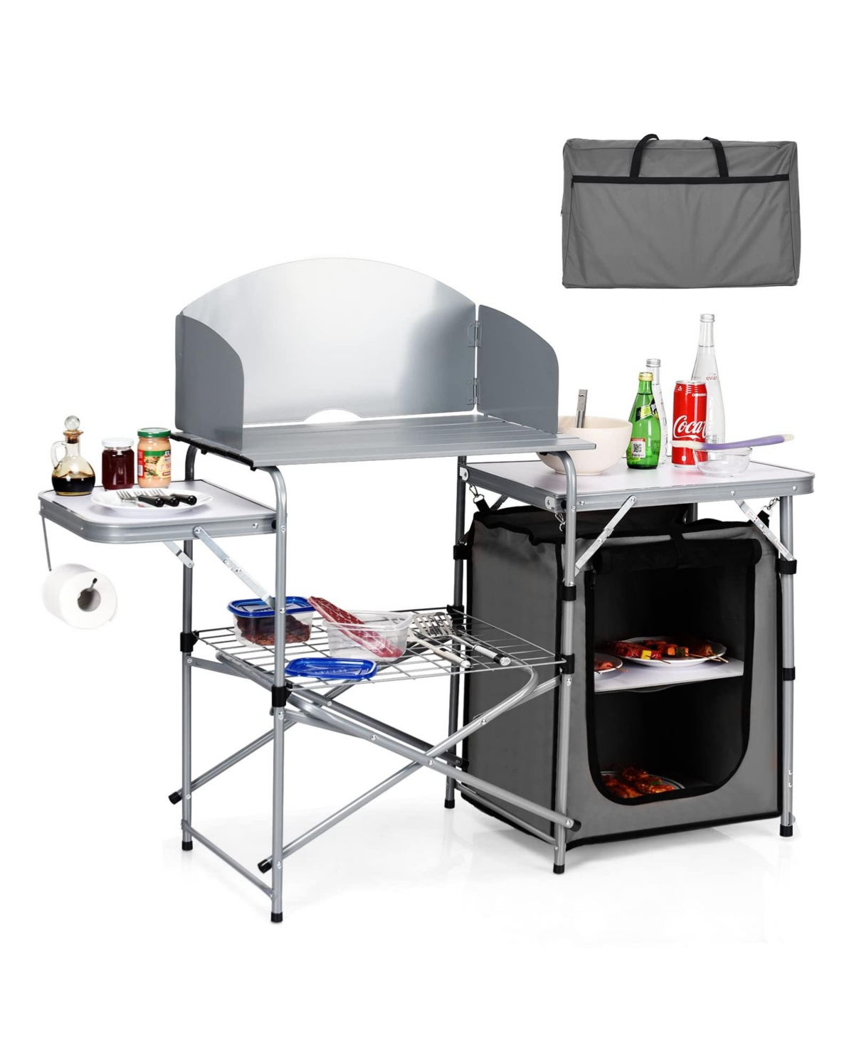 Foldable Outdoor Bbq Portable Grilling Table with Windscreen Bag - Silver