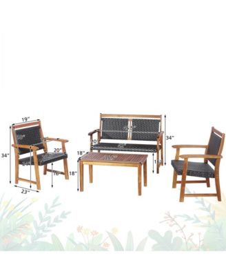 4 Piece Outdoor Acacia Wood Furniture Set Patio Rattan Conversation Set w/ Table
