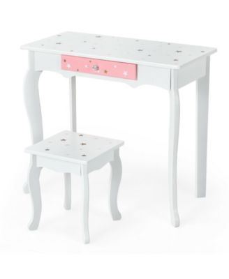 Kids Princess Vanity Table and Stool Set with Tri-folding Mirror and Drawer