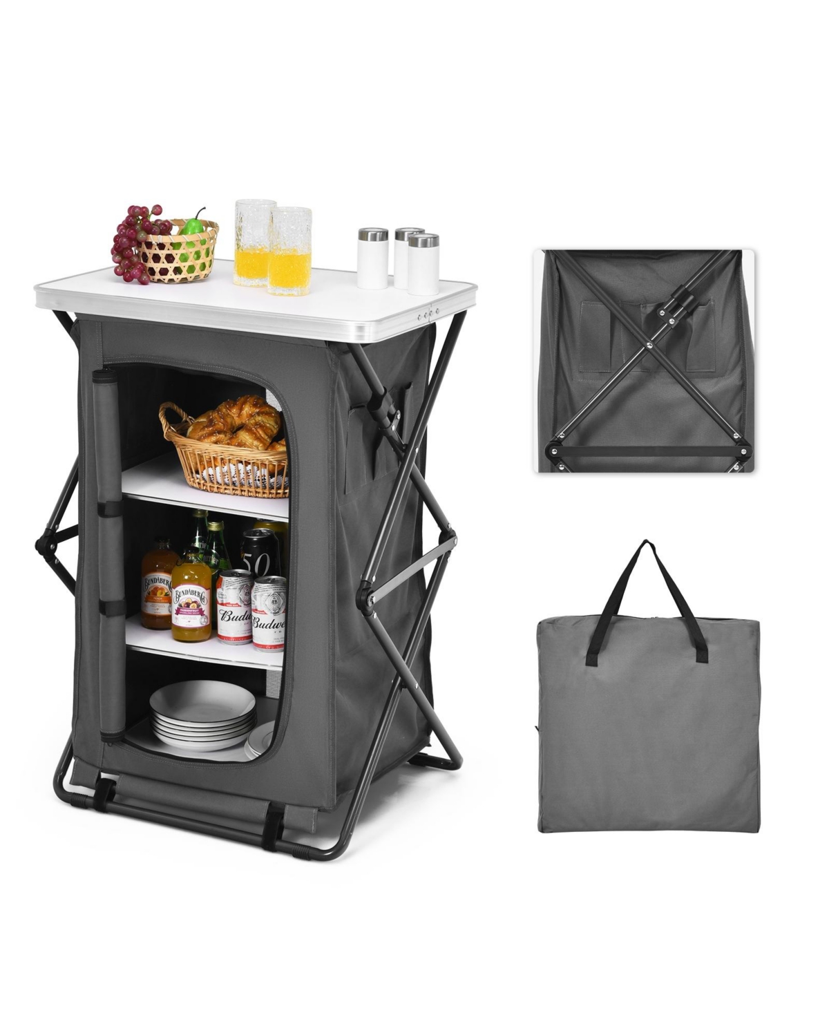 Folding Pop-Up Cupboard Compact Camping Storage Cabinet with Bag - Grey