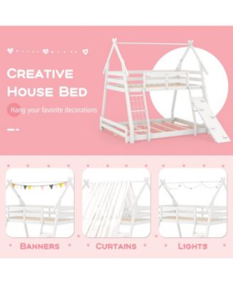 Twin Over Queen Bunk Bed Wooden Kids Bed with Climbing Nets and Ramp