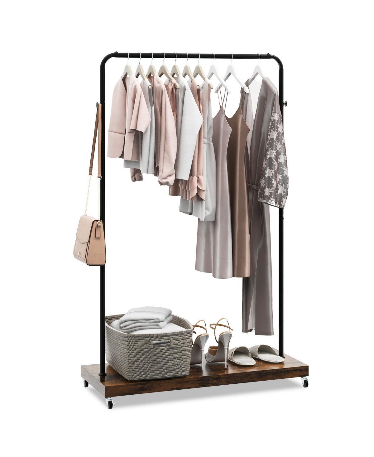 Rolling Garment Rack with Hanging Hooks and Bottom Storage Shelf - Brown