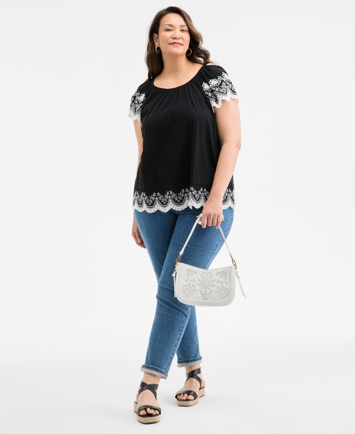Style & Co Plus Size Scalloped-hem Flutter-sleeve Top, Exclusively At Macy's In Flutter Black