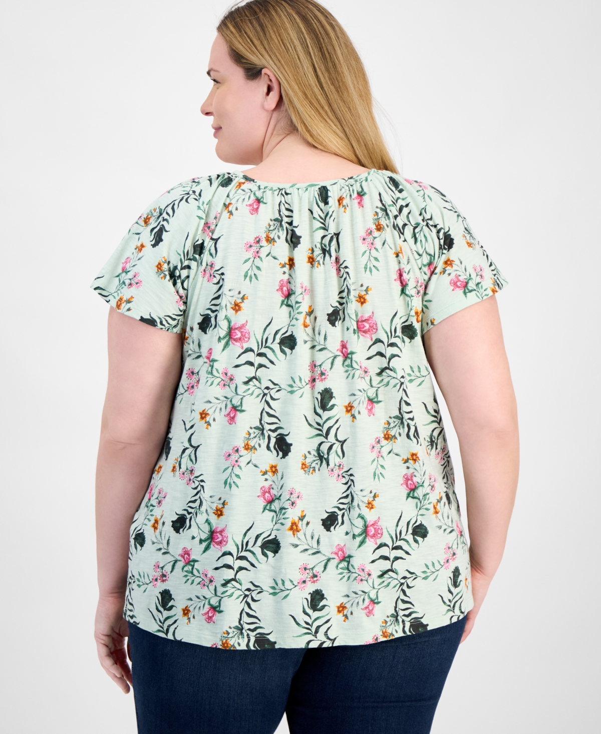 Style & Co Plus Size Printed Flutter-sleeve Top, Exclusively At Macy's In Floating Mint