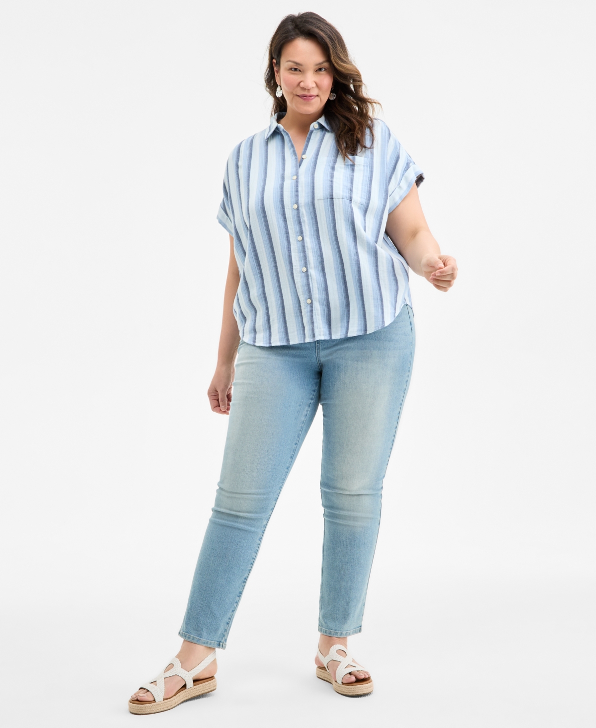 STYLE & CO PETITE PRINTED BUTTON-FRONT COTTON CAMP SHIRT, EXCLUSIVELY AT MACY'S 