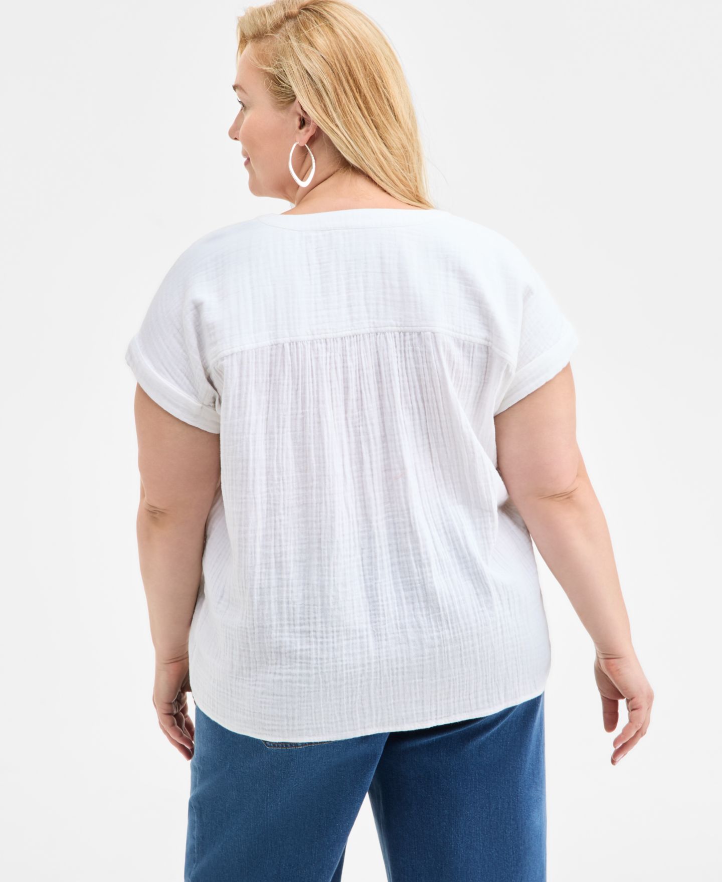Женский топ Style & Co Plus Size Cotton Gauze V-Neck Short-Sleeve, цвет: Яркий белый — фото 2