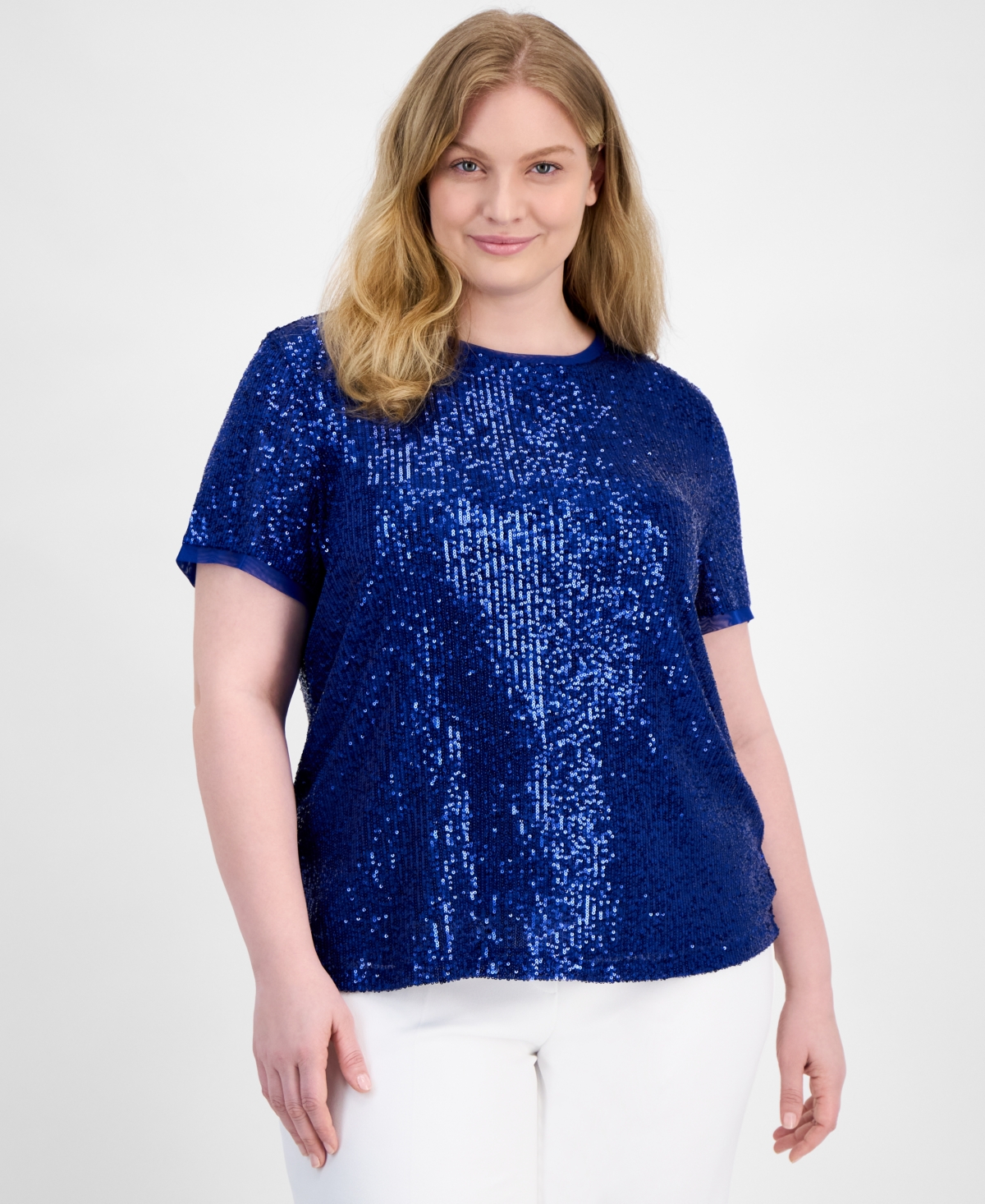 Anne Klein Plus Size Sequin-embellished Short-sleeve Top In Santorini Blue