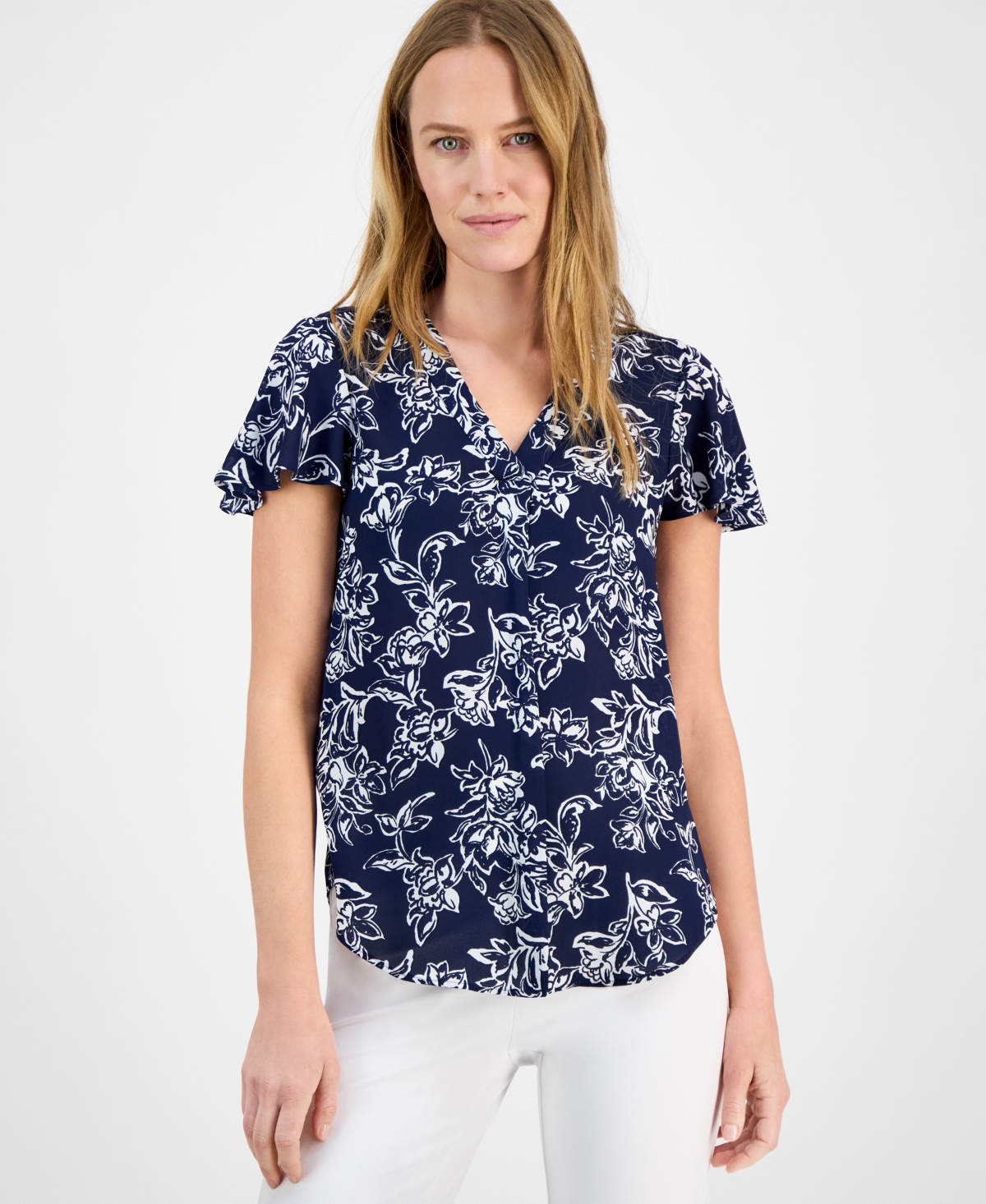Women's Printed V-Neck Flutter-Sleeve Tunic - Distant Mountain Multi