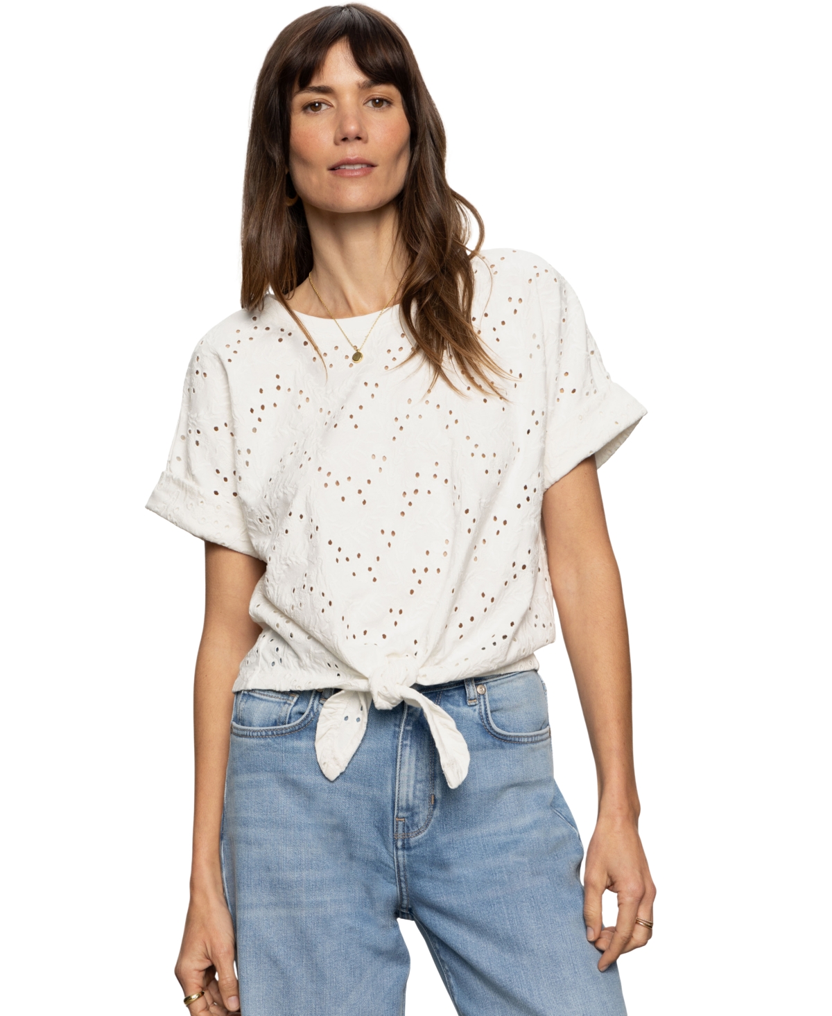 Shop Sanctuary Women's Cotton All Day Eyelet Tie-front Tee In Bleached White