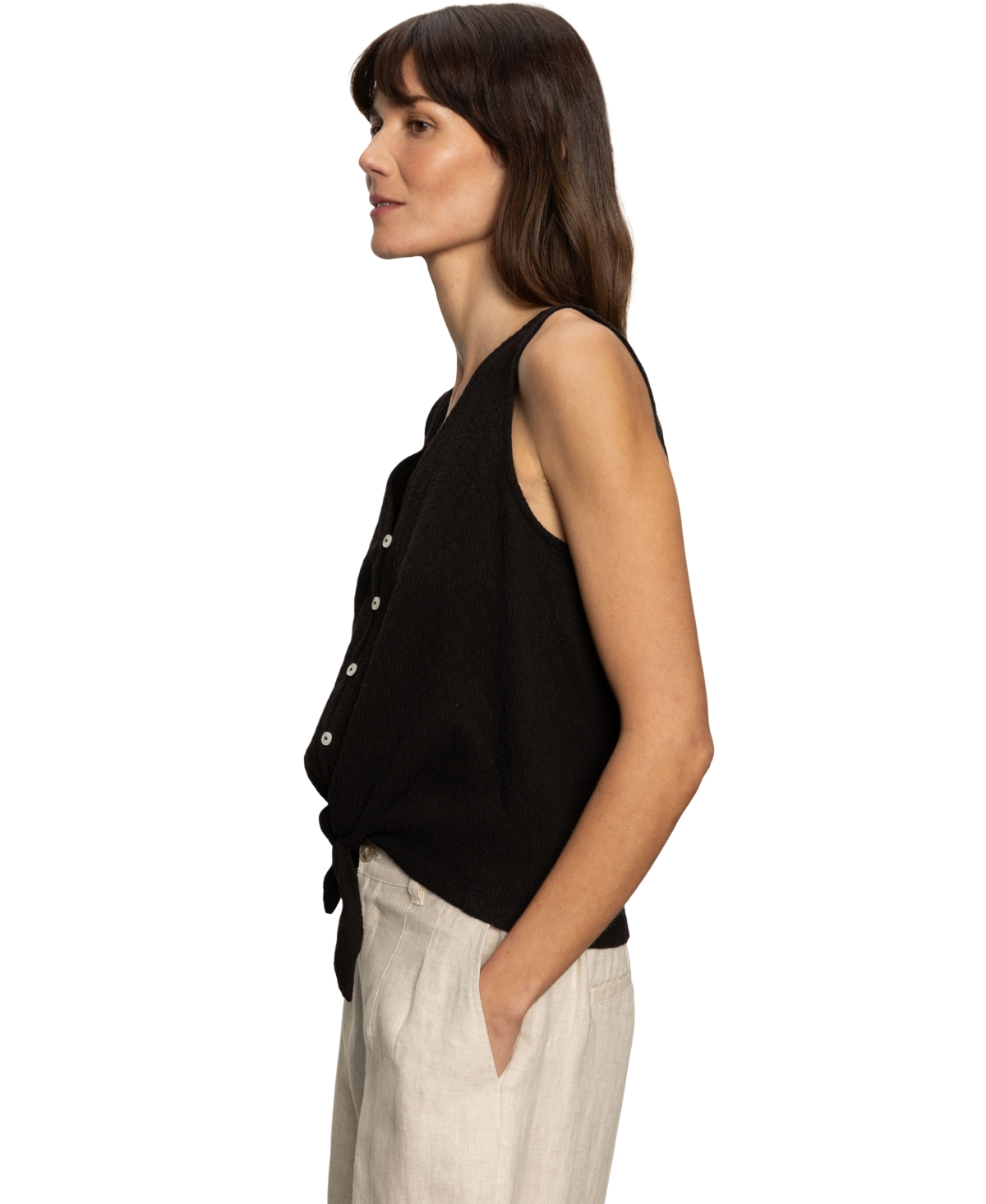 Sanctuary Vacation Textured Tie Front Button-up Tank In Black