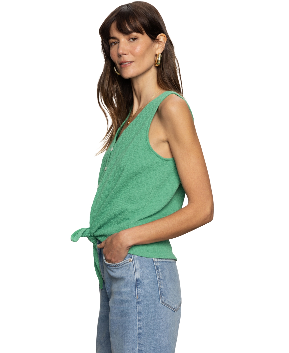 Sanctuary Vacation Textured Tie Front Button-up Tank In Palm