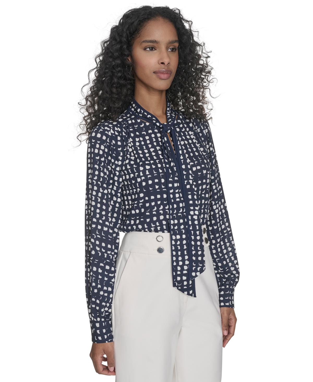 Calvin Klein Women's Printed Tie-neck Blouse In Navy,cream