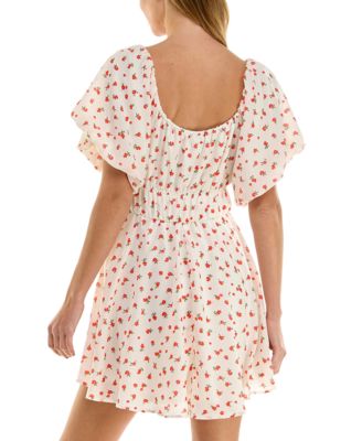 Juniors' Printed Lace-Up Bubble-Sleeve Skater Dress