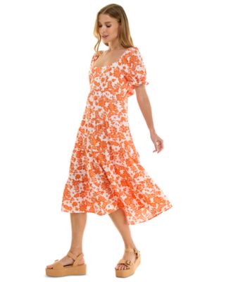 Juniors' Floral-Print Bow-Back Puff-Sleeve Woven Midi Dress