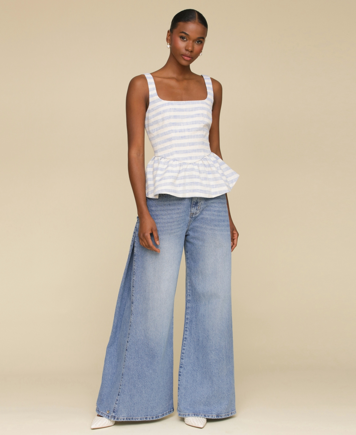 Avec Les Filles Stripe Peplum Cotton Blend Top In Blue,cream
