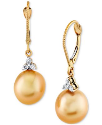 Macy's - Cultured Golden South Sea Pearl (9mm) & Diamond (1/8 ct. t.w.) Drop Earrings in 14k Yellow Gold