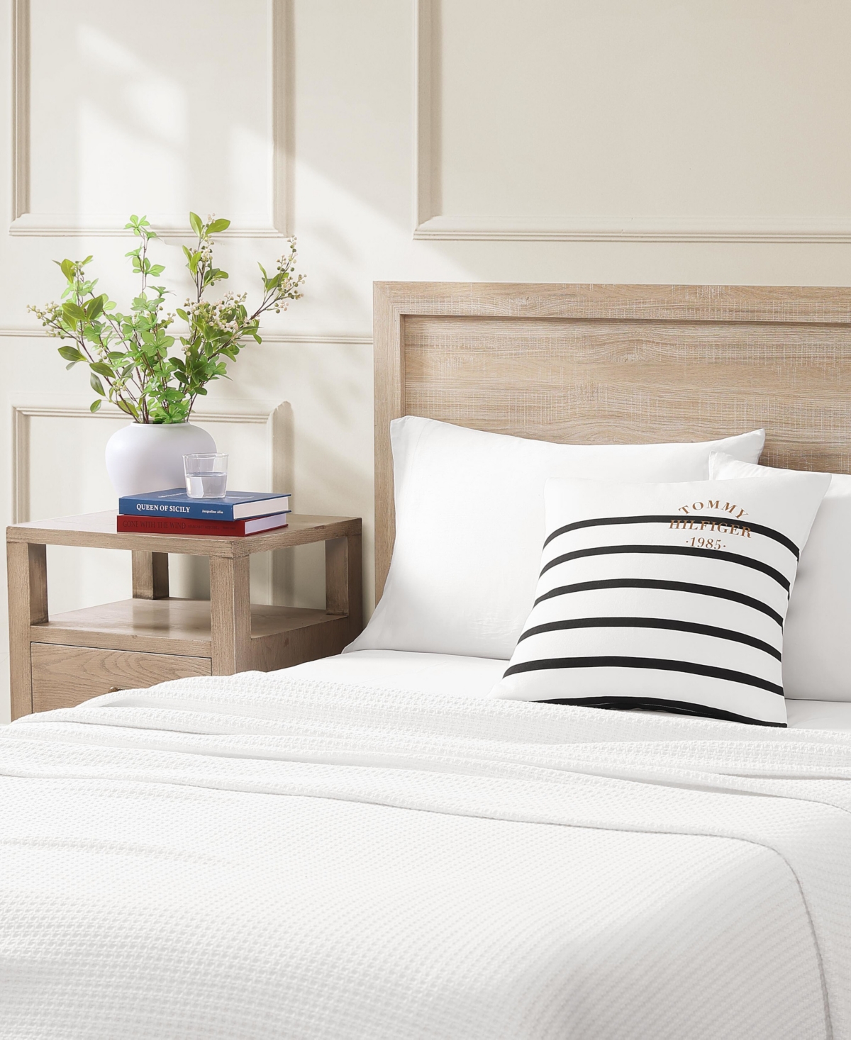 Tommy Hilfiger Placement Stripe Knitted Square Pillow, 20" X 20" In Ivory,dark Night Navy