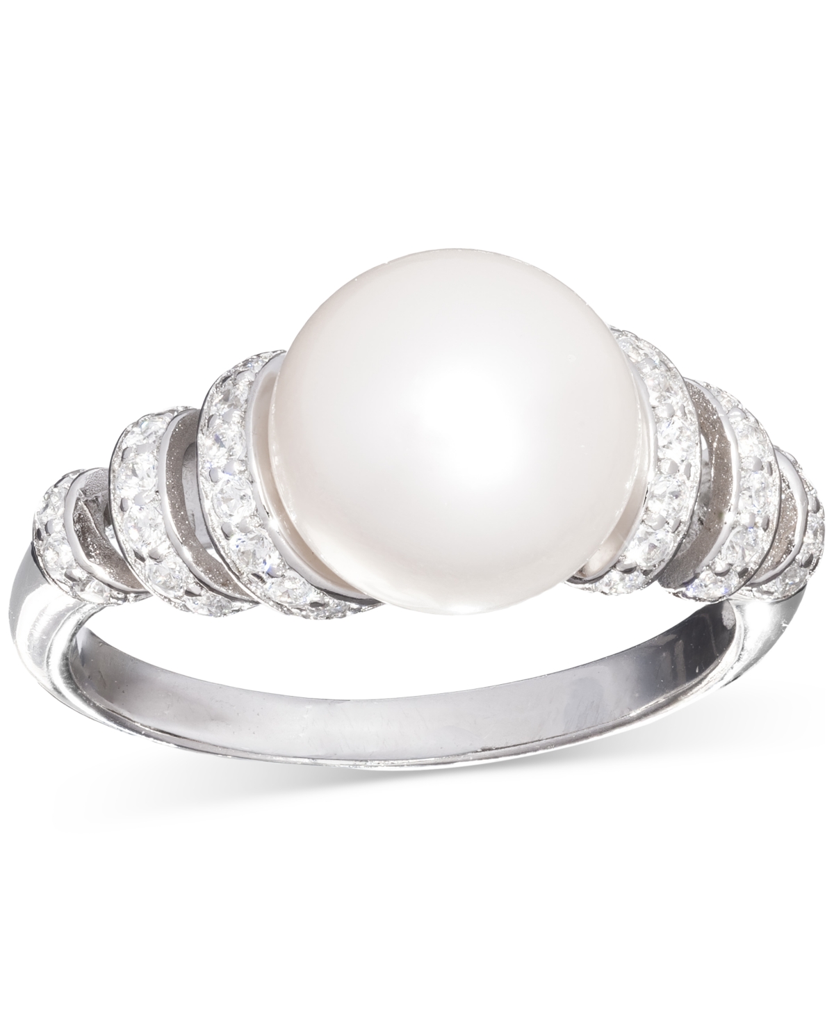 MACY'S CULTURED FRESHWATER PEARL (10MM) & CUBIC ZIRCONIA SWIRL COIL RING IN STERLING SILVER 