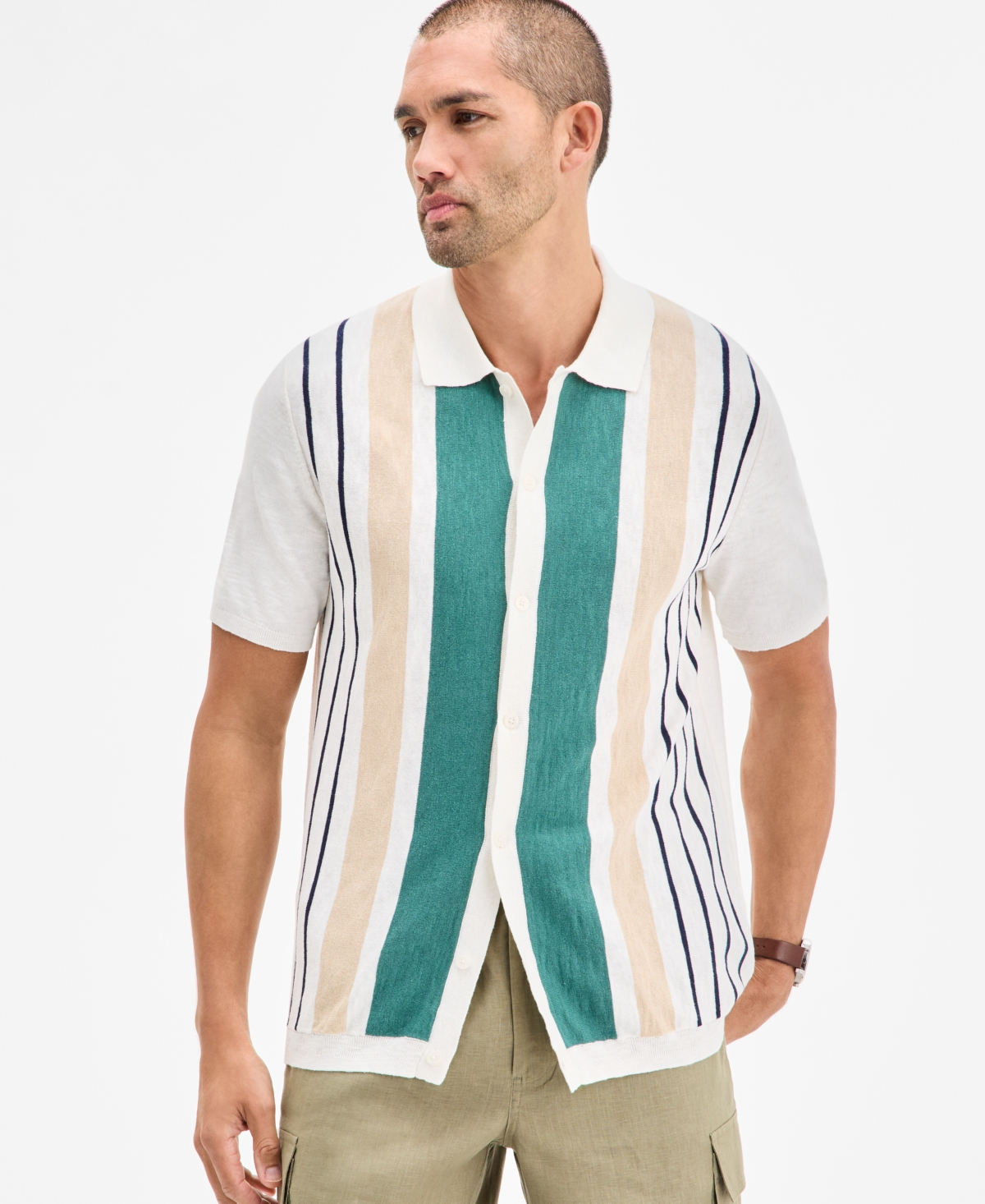Men's Short Sleeve Striped Cardigan Sweater, Exclusively at Macy's - Winter Ivo