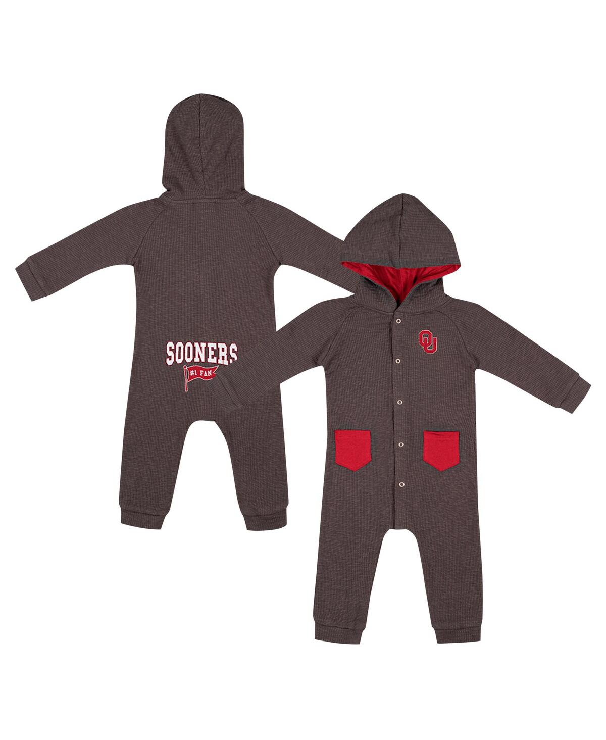Colosseum Baby Boys And Girls Charcoal Oklahoma Sooners Zando-zan Waffle Full-snap Hooded Romper In Charcoal