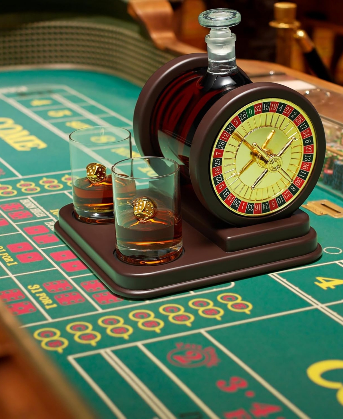 The Wine Savant Casino Roulette Whiskey Decanter With Dice Whiskey Glasses, Set Of 3 In Clear