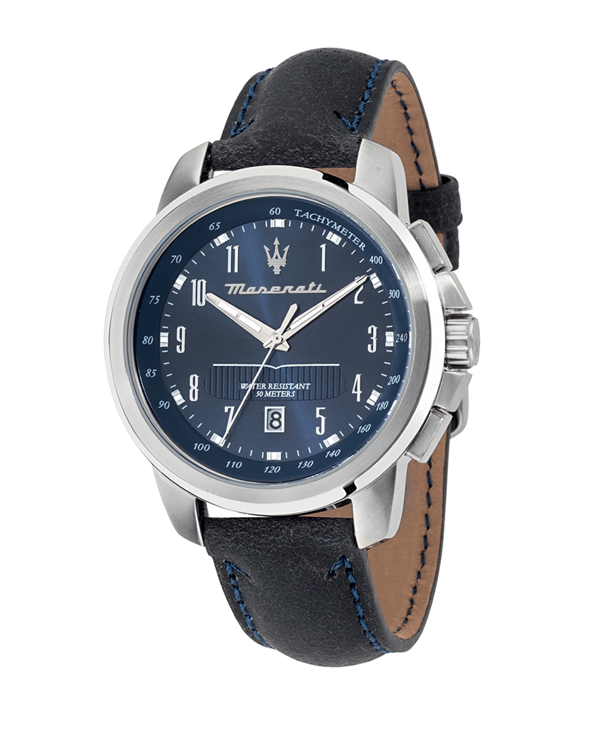 Men's Date Blue Leather Watch, 44mm - Blue
