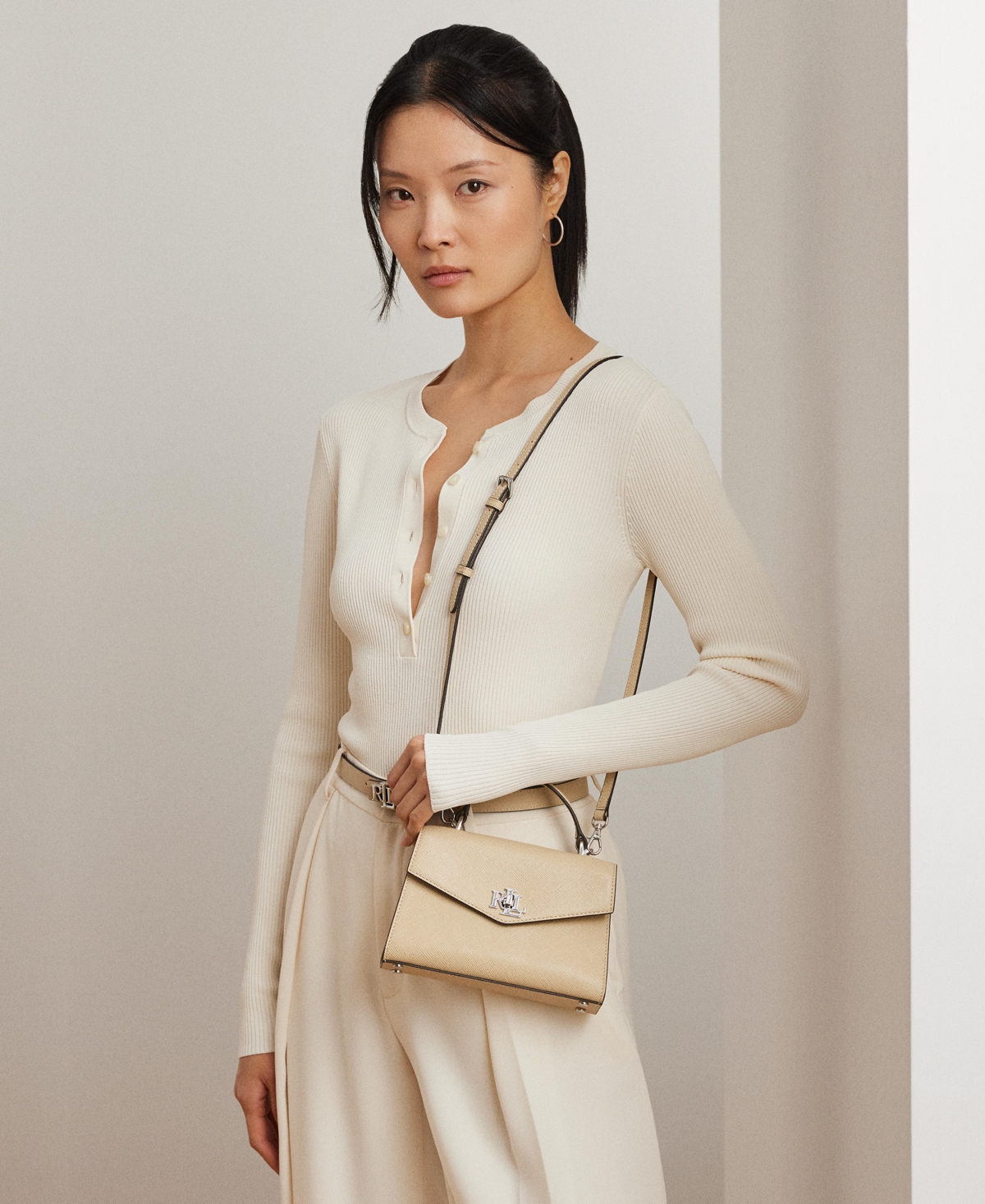 Ralph Lauren Farrah Crosshatch Leather Satchel In Sand Dune