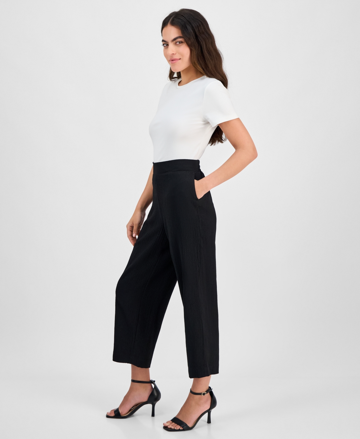 Ak Anne Klein Petite Solid Wide-leg Pull-on Knit Pants In Anne Black