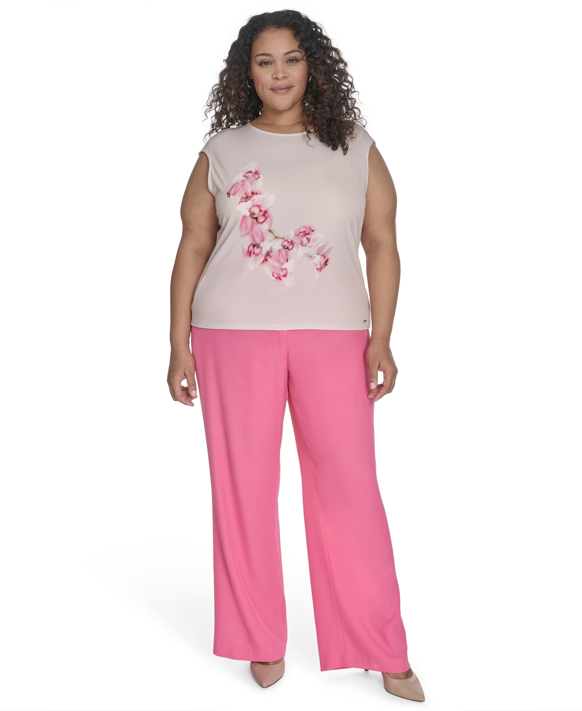 CALVIN KLEIN PLUS SIZE PLACED-FLORAL SLEEVELESS TOP 