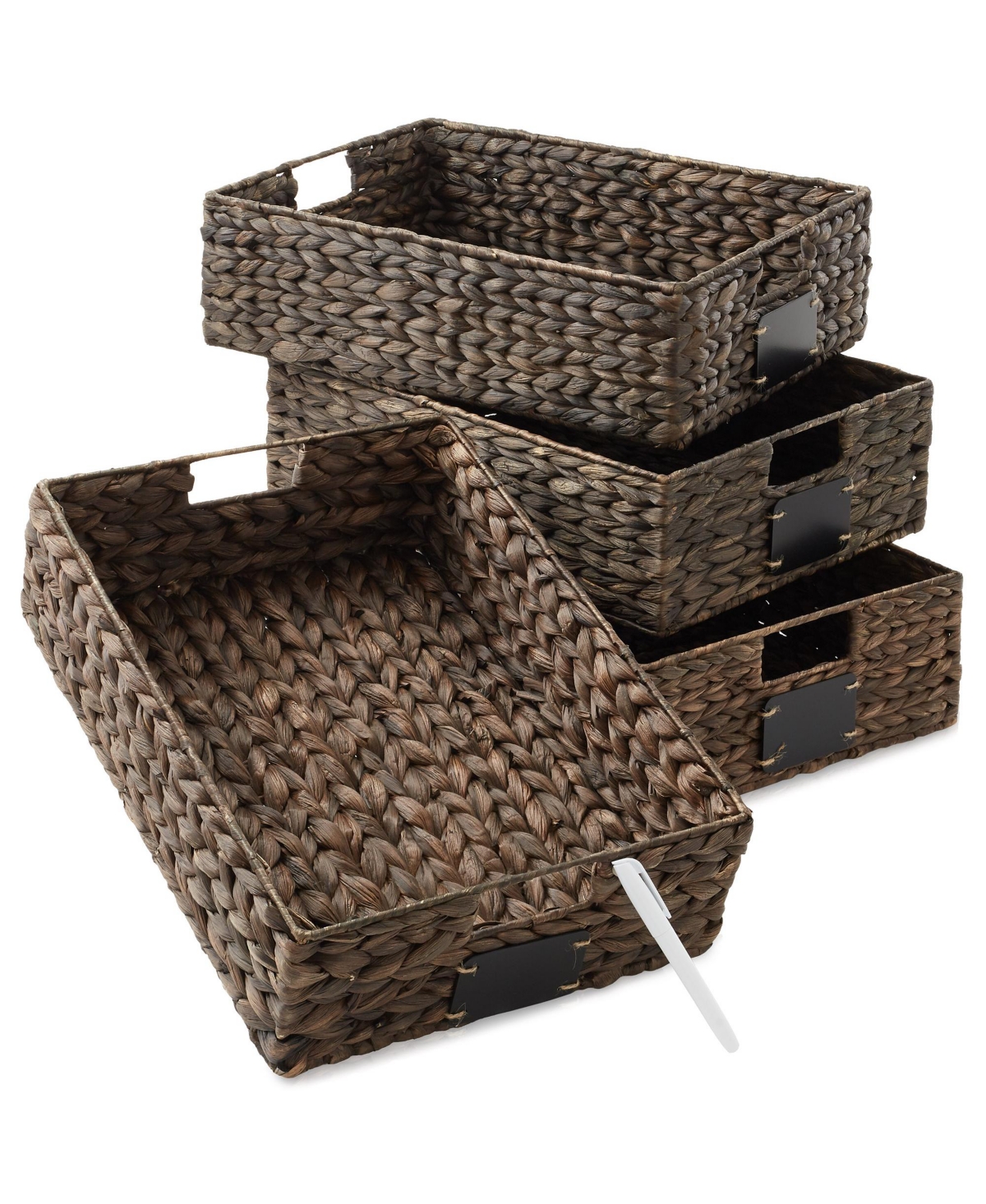 (Set of 4) Water Hyacinth 12-1/2&#x22;x17&#x22;x5&#x22; Pantry Baskets w/ Chalkboard Labels and Marker - Espresso, Woven Storage Bins for Ki