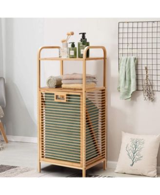 Tilt-out Bamboo Laundry Hamper with 2-Tier Shelf and Removable Liner