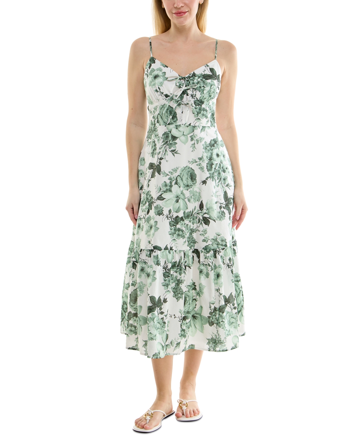 Juniors' V-Neck Bow-Front Sleeveless Midi Dress - White/Green
