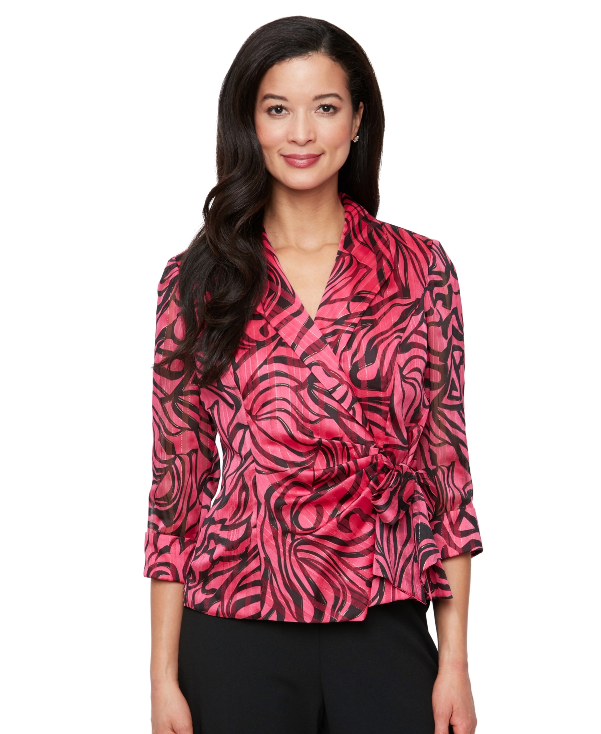 Petite Printed Surplice-Neck 3/4-Sleeve Top - Black/Fuchsia