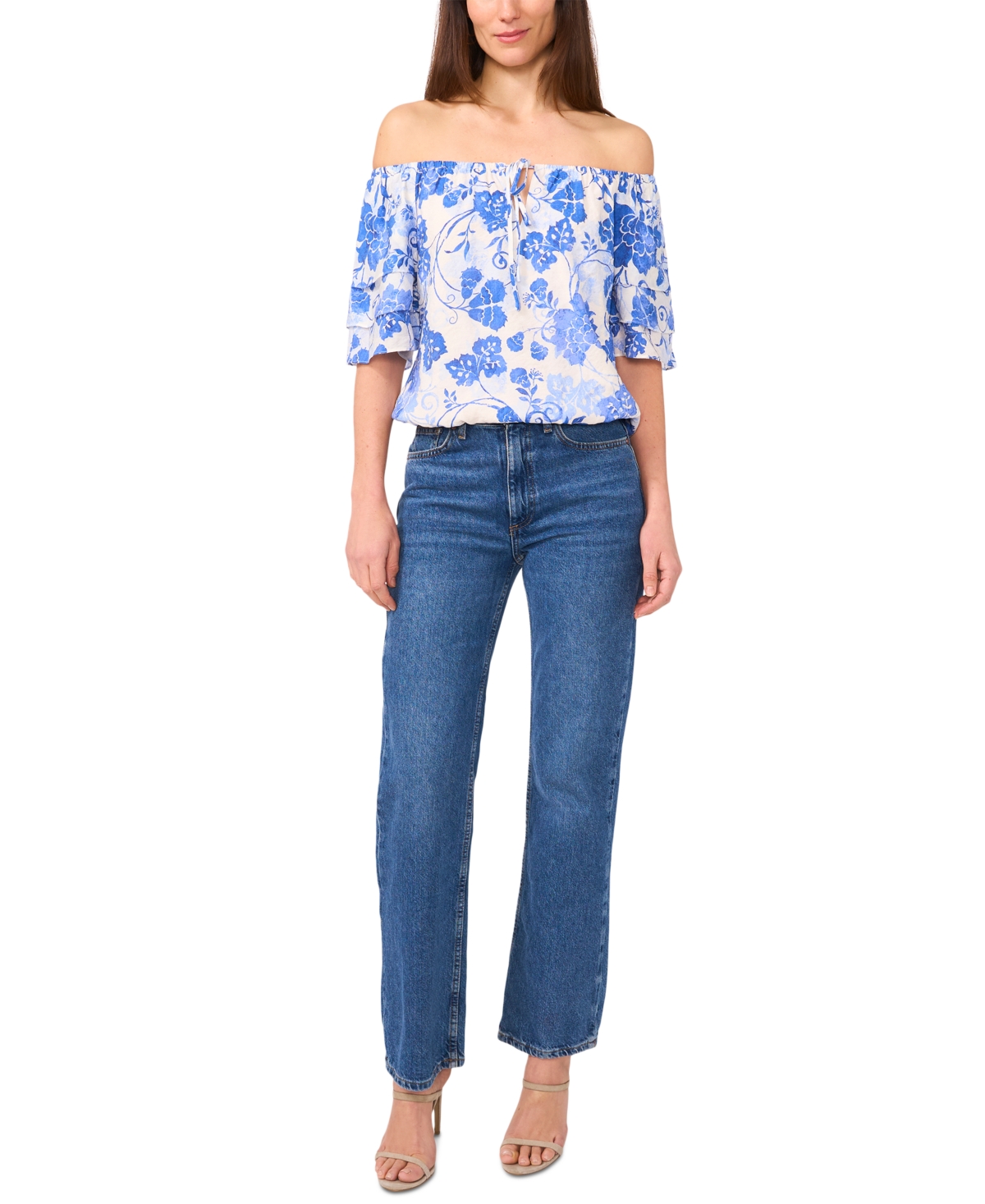 Sam & Jess Petite Vine-print Off-the-shoulder Elbow-sleeve Top In Jet Stream