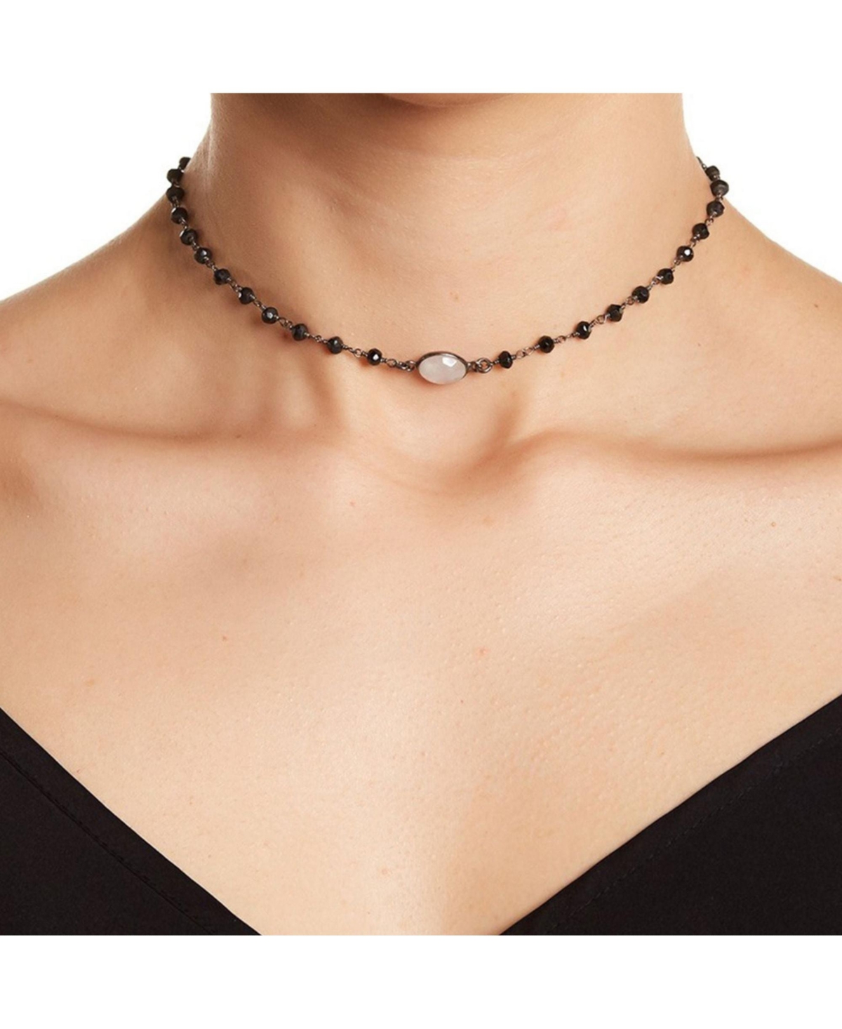 Rosary Choker Necklace moonstone black spinel silver - Black-white