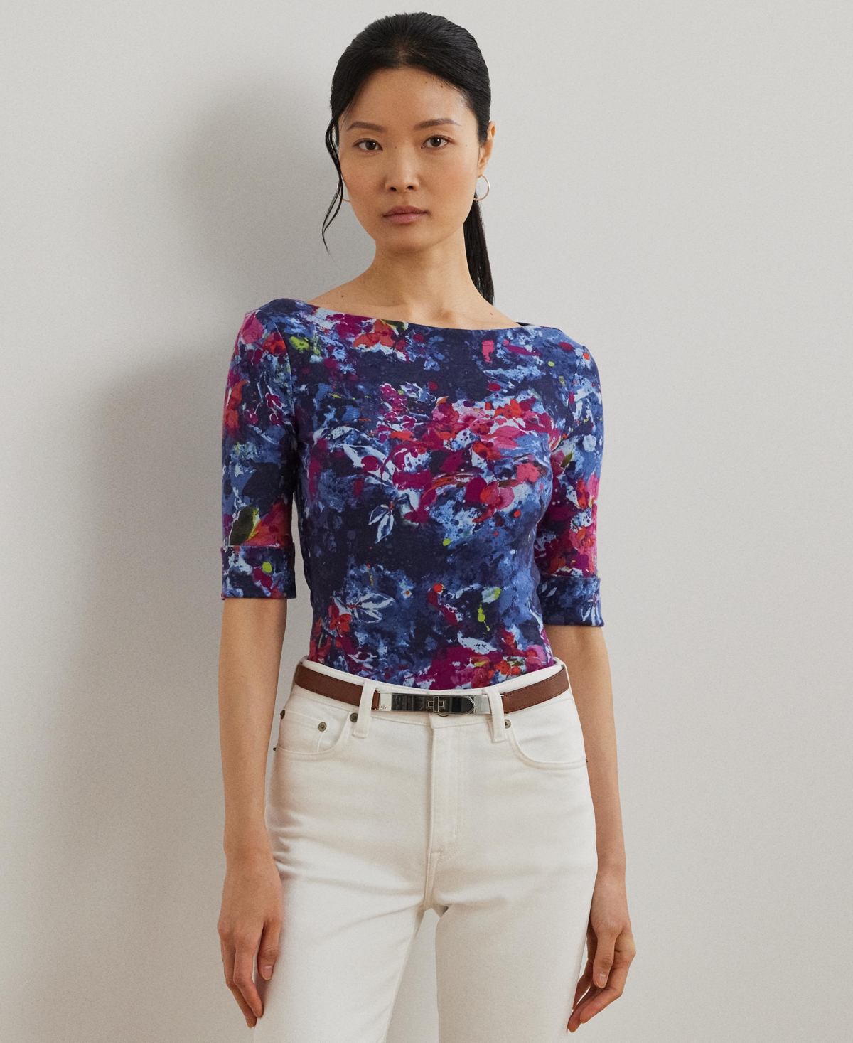 Women's Print Stretch Cotton Boatneck Tee - Blue Multi