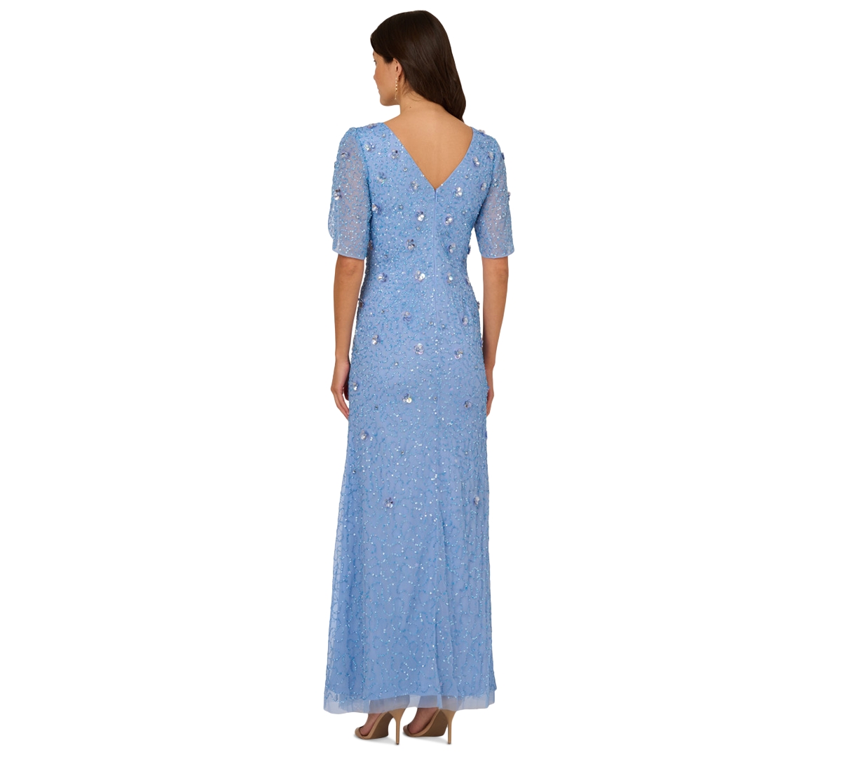 ADRIANNA PAPELL WOMEN'S V-NECK PETAL-SLEEVE BEADED GOWN 
