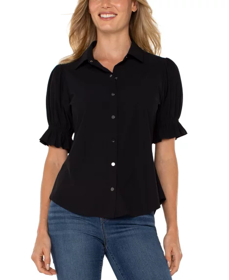 Petite Puffed-Sleeve Top - Black