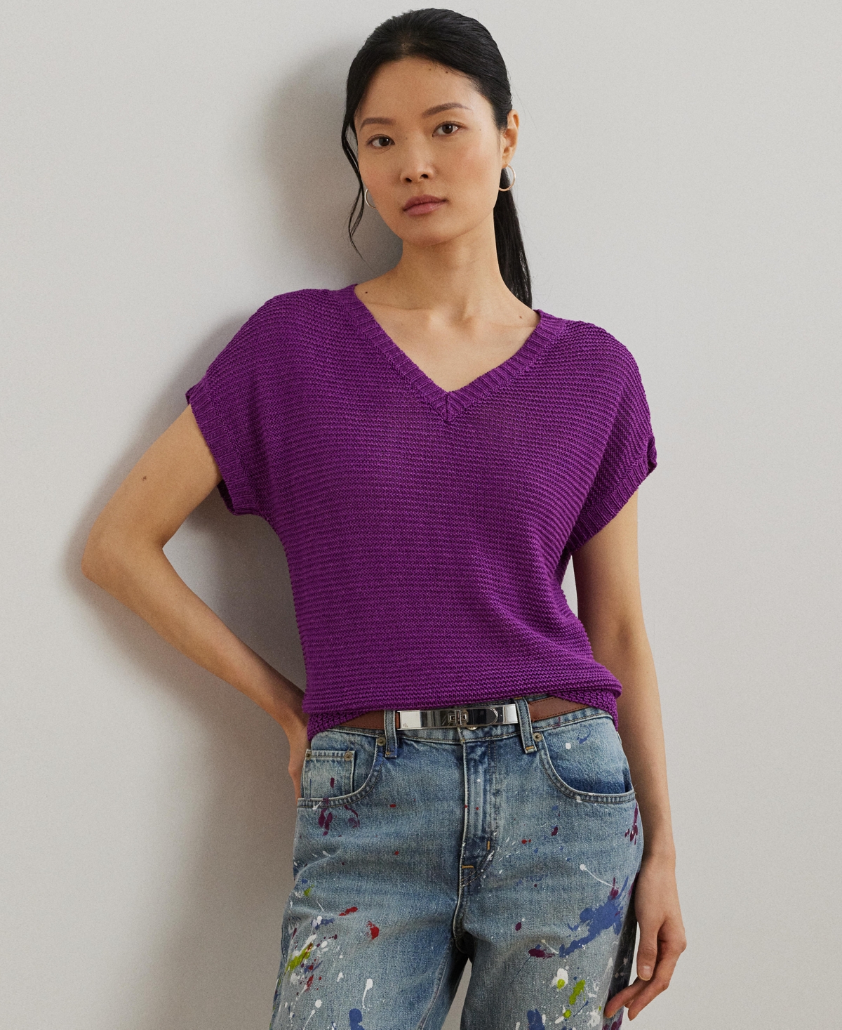 Women's Linen-Blend Short-Sleeve V-Neck Sweater - Purple Dawn