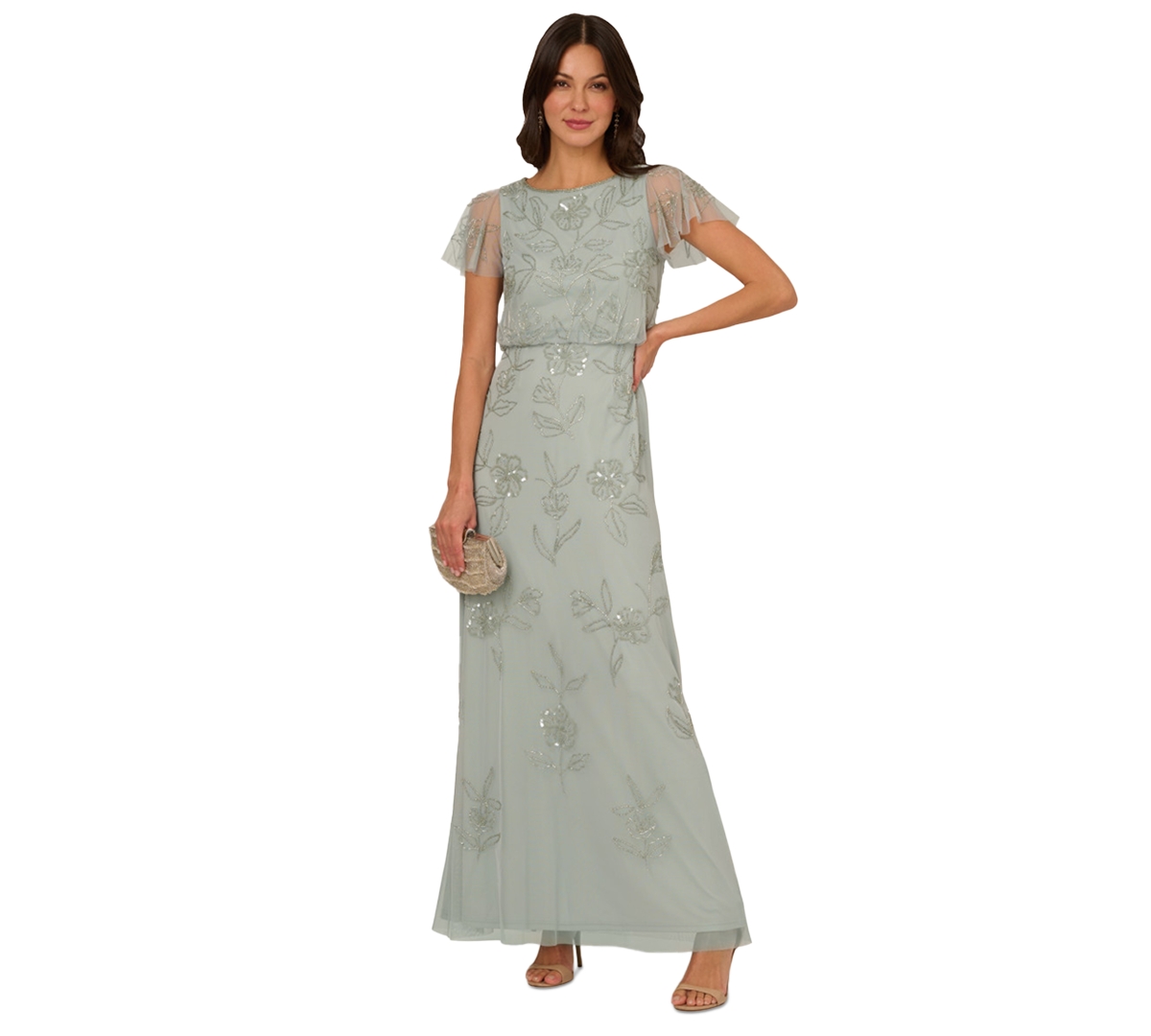 Adrianna Papell Plus Size Beaded Blouson Dress In Aqua Dust