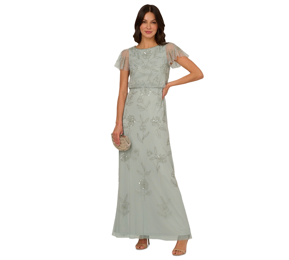 Shop Adrianna Papell Women's Beaded Blouson Flutter-sleeve Dress In Aqua Dust