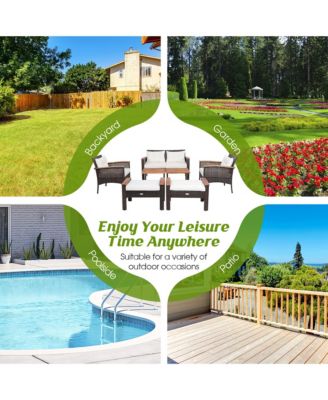 7 Piece Outdoor Wicker Conversation Set Patio Rattan Sofa Set  w/ Coffee Tables Cushions